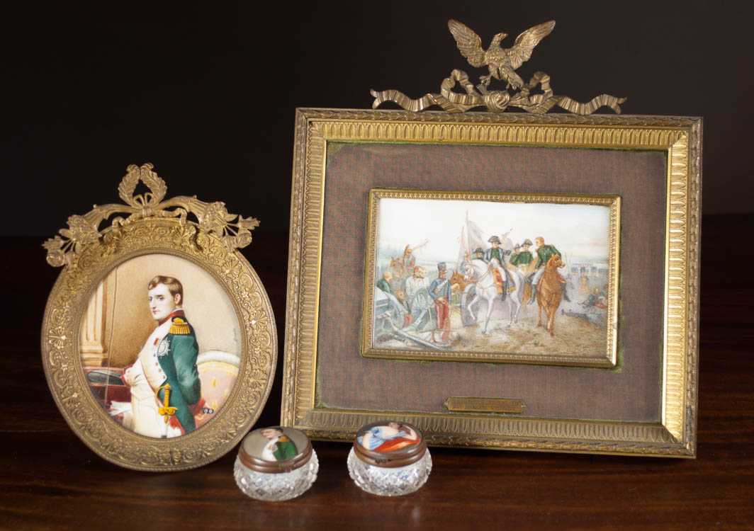 Appraisal: NAPOLEONIC COLLECTIBLES two miniature paintings and two vanity jars The