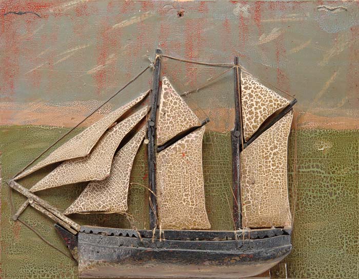 Appraisal: PAINTED AND CARVED SHIP PLAQUE Three-dimensional ship with white sails