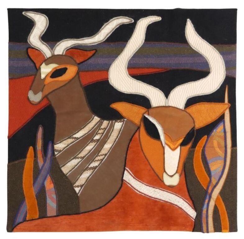 Appraisal: Fabric collage tapestry Antelope signed verso Helen Webber American -