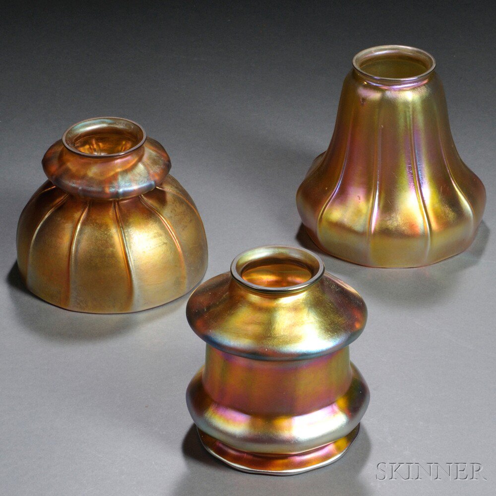 Appraisal: Three Steuben Gold Aurene Lamp Shades Art glass Corning New