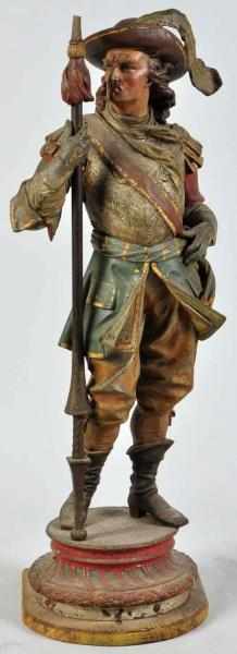 Appraisal: Painted Metal Statue of Musketeer Holding Staff Top is broken