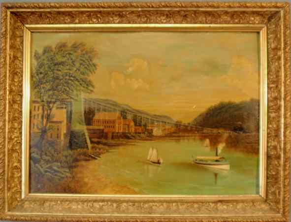 Appraisal: American oil on tin painting of mills along a river