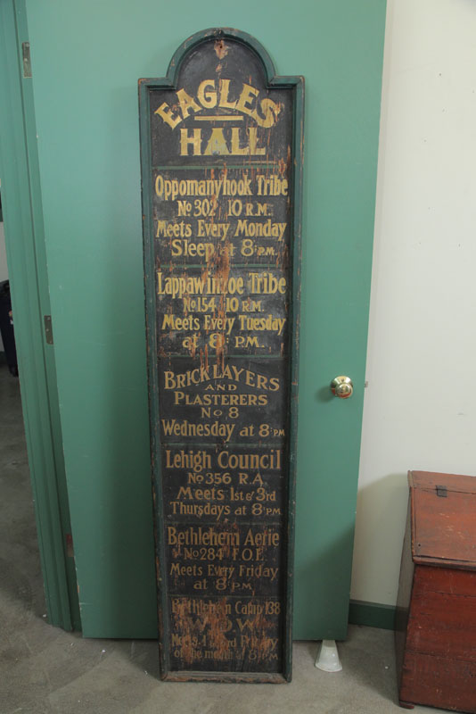 Appraisal: WOOD ADVERTISING SIGN Eagles Hall meeting times Gold letering on