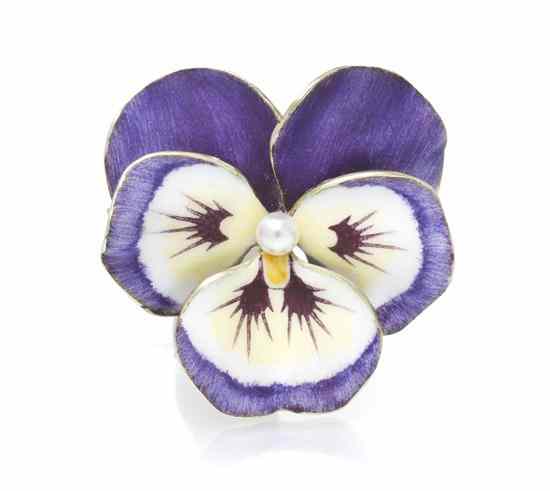 Appraisal: A Karat Yellow Gold Polychrome Enamel and Cultured Pearl Pansy