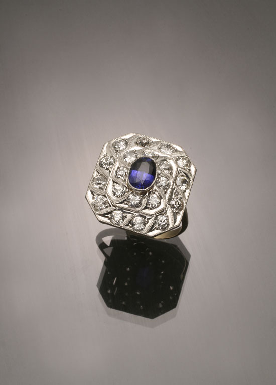 Appraisal: Art Deco -Karat Yellow-Gold Platinum-Topped Blue Sapphire and Diamond Ring