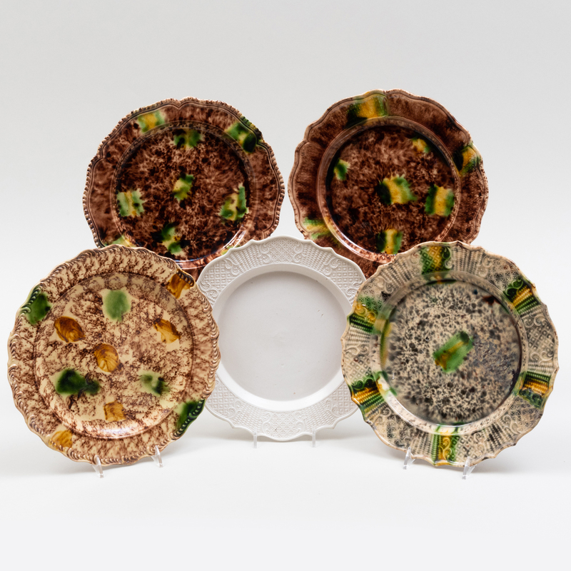 Appraisal: GROUP OF FOUR STAFFORDSHIRE TORTOISESHELL PLATES AND A SIMILAR SALT