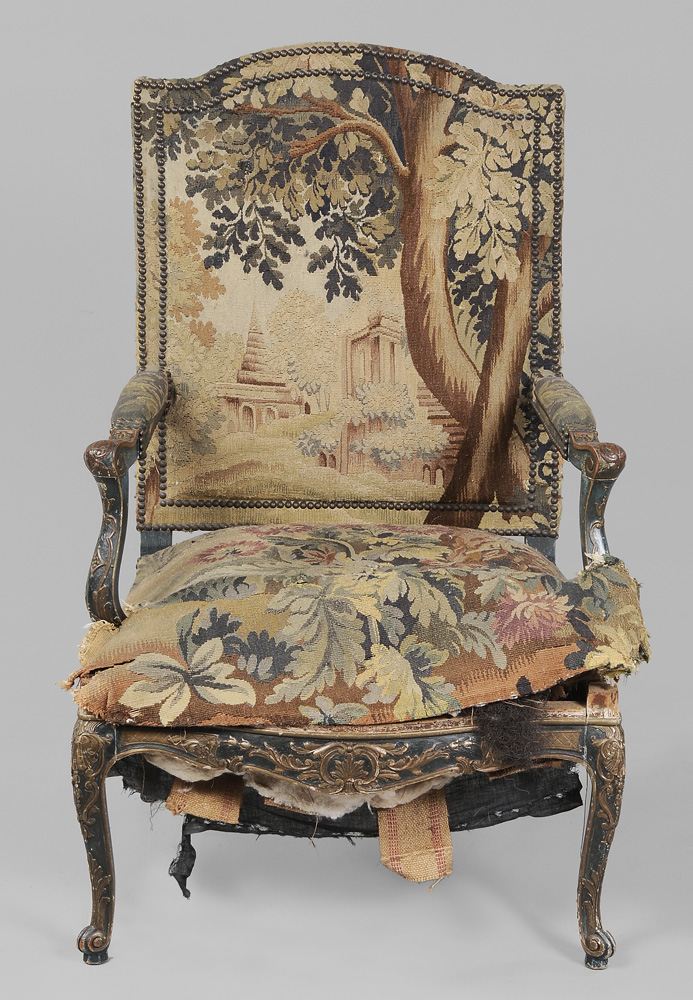 Appraisal: Louis XV Style Tapestry-Upholstered Open-Arm Chair British or French th