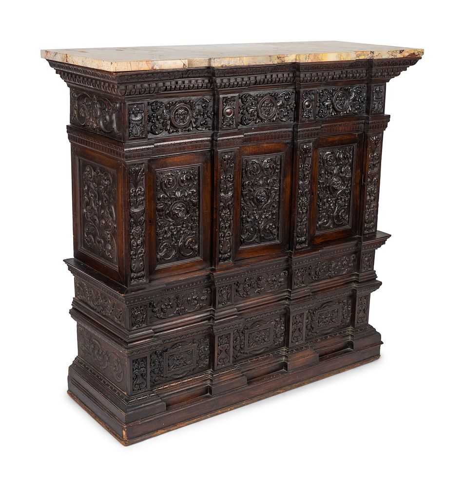 Appraisal: A Henry IV Style Carved Walnut Marble Top Console Height