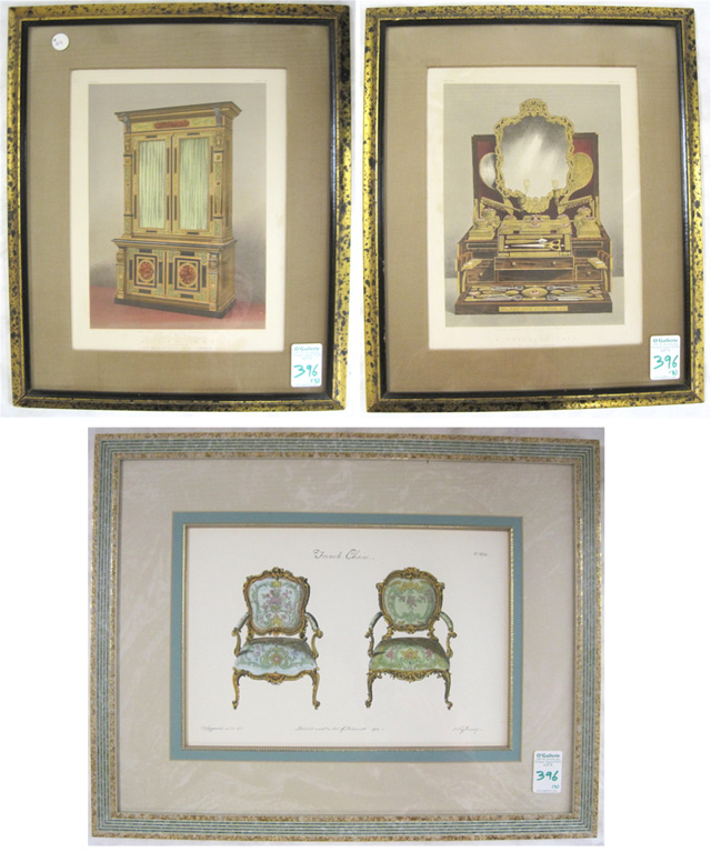 Appraisal: THREE CHROMOLITHOGRAPHS DEPICTING EXQUISITE FURNISHINGS two in matching frames depicting