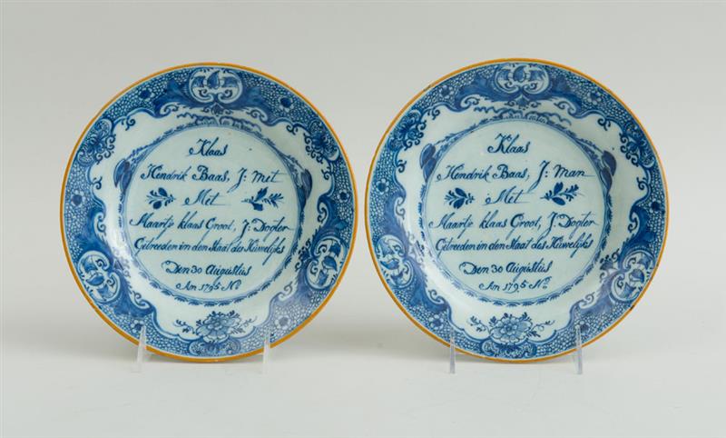 Appraisal: PAIR OF DUTCH BLUE AND WHITE DELFT MARRIAGE PLATES Inscribed