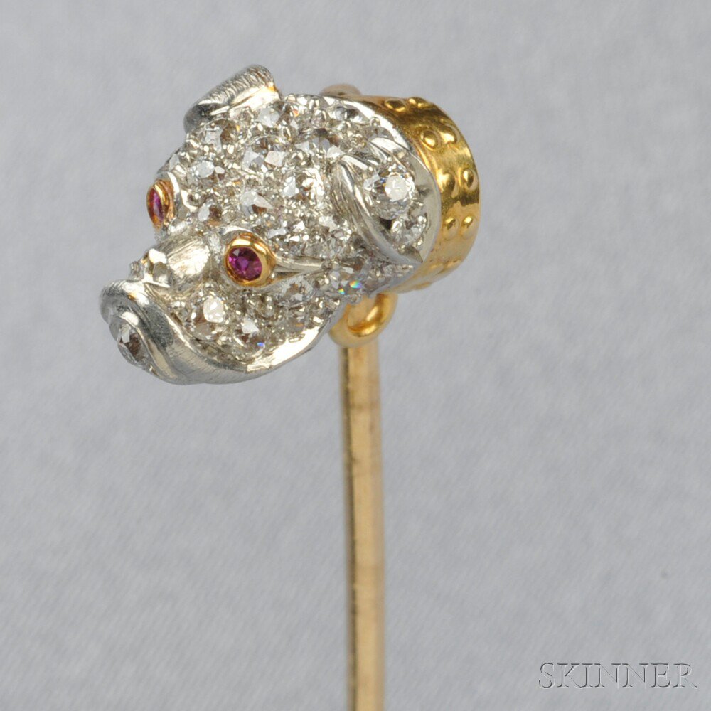 Appraisal: Edwardian Diamond and Ruby Bulldog Stickpin Tiffany Co pave-set with