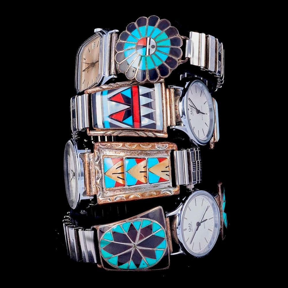 Appraisal: ZUNI WATCH BANDS Four Vintage old pawn Southwest turquoise silver