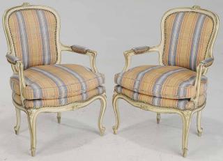 Appraisal: Pair Louis XV Style Bergere Chairs painted white and gold