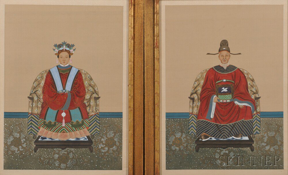 Appraisal: Pair of Framed Ancestral Portraits China th century ink and