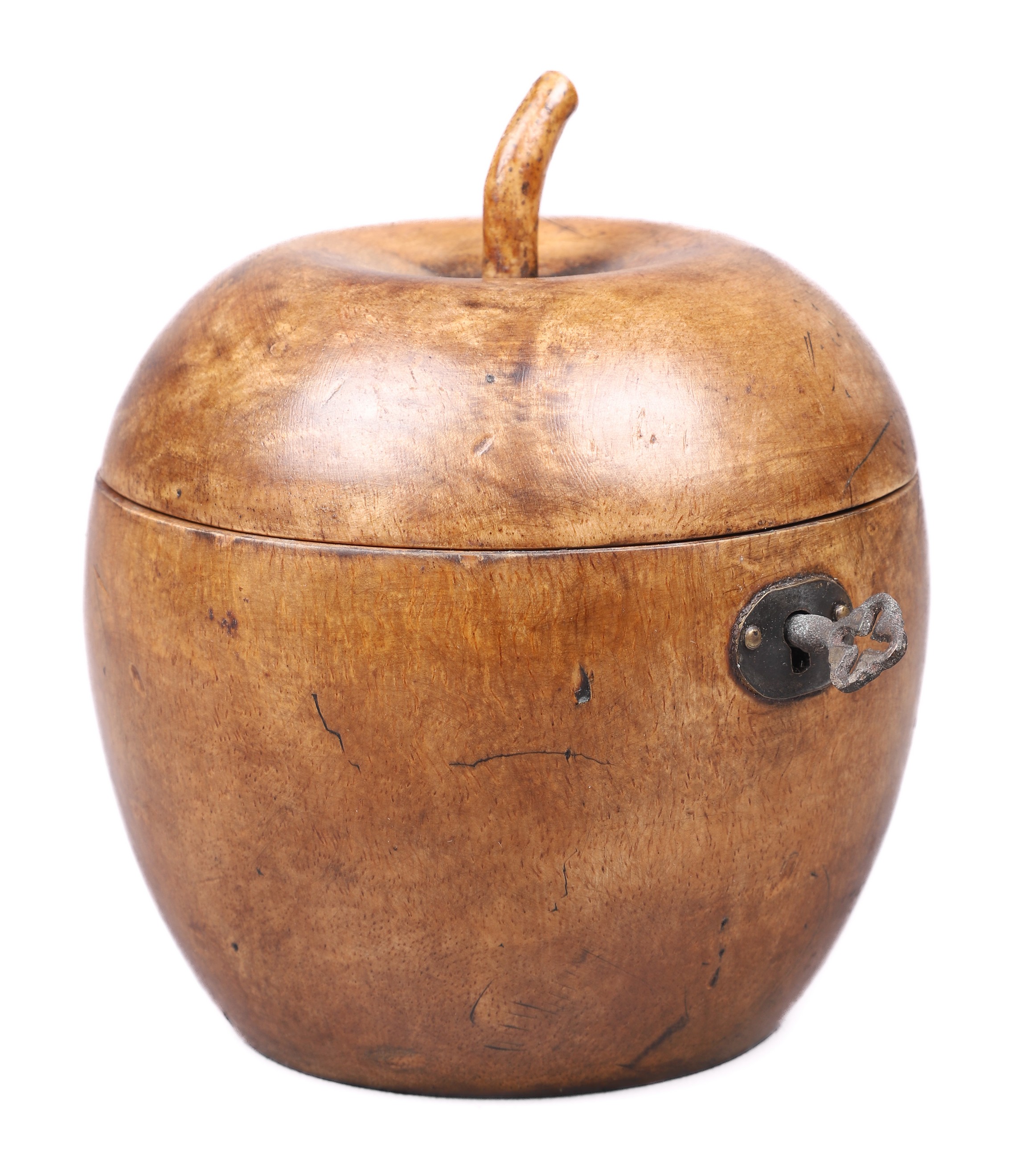 Appraisal: English fruitwood apple form tea caddy brass escutcheon includes key