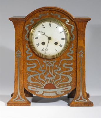 Appraisal: An oak inlaid mantel clock architectural form the front inlaid