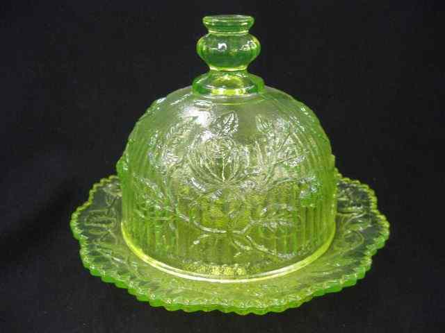 Appraisal: Vaseline Glass Covered Butter Dish floral signed '' tall excellent