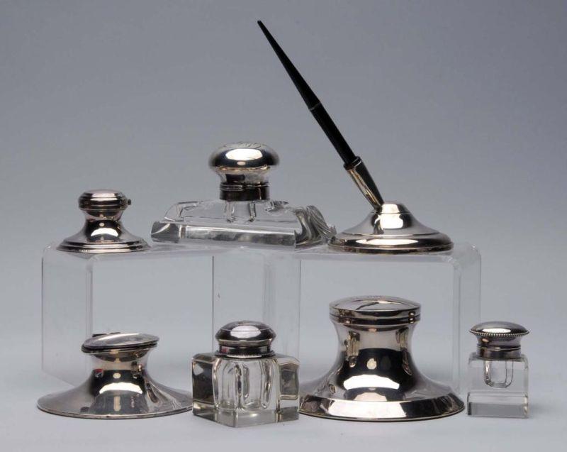 Appraisal: Lot of Lead Crystal and Silver Inkwells Description Silver and