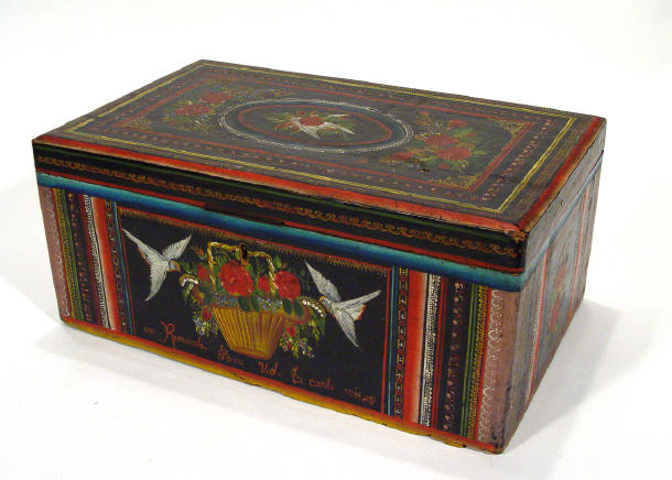 Appraisal: Rectangular continental wooden box profusely painted with flowers and doves