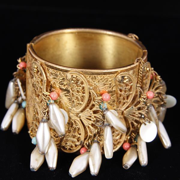 Appraisal: Miriam Haskell Gilt Filigree Wide Cuff Bracelet with beaded baubles