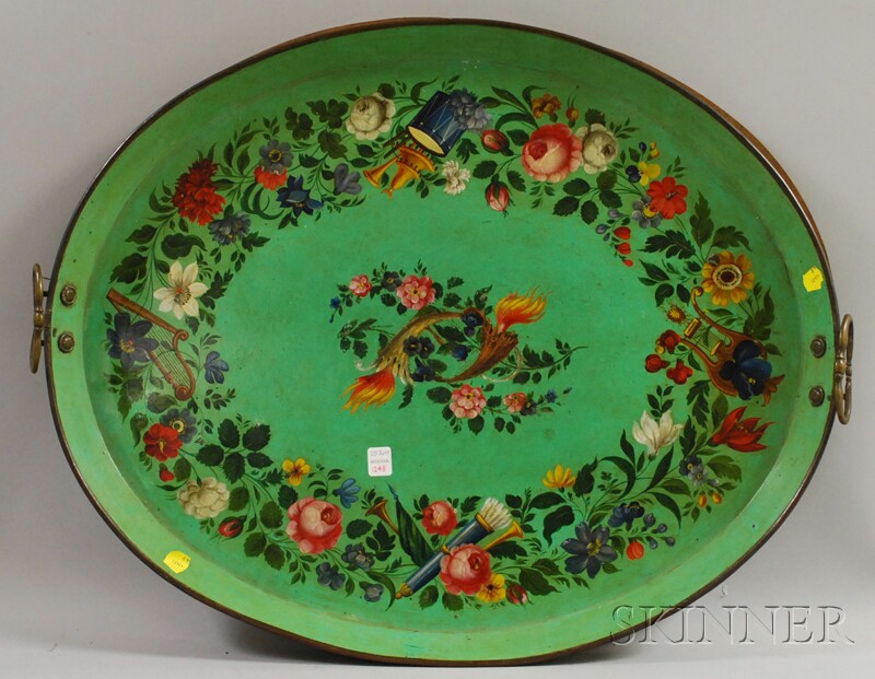 Appraisal: Large Victorian Oval Polychrome Floral-decorated Green-painted Tole Tray with Brass