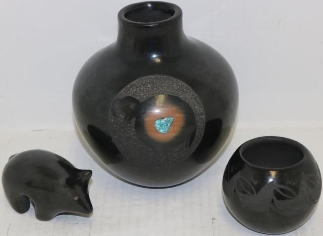 Appraisal: THREE BLACK ON BLACK NATIVE AMERICAN POTTERY PCS TH C