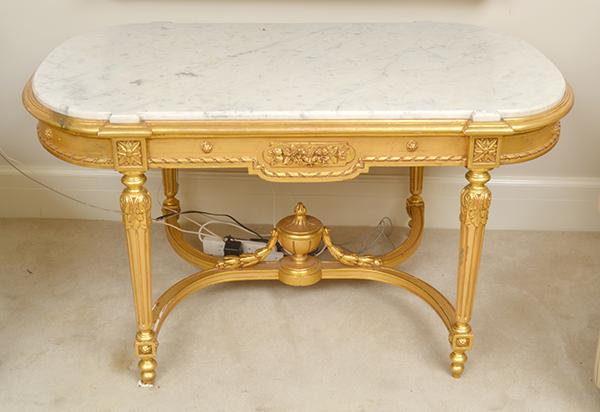 Appraisal: A LOUIS XVI STYLE MARBLE TOP GILT WOOD CENTRE TABLE