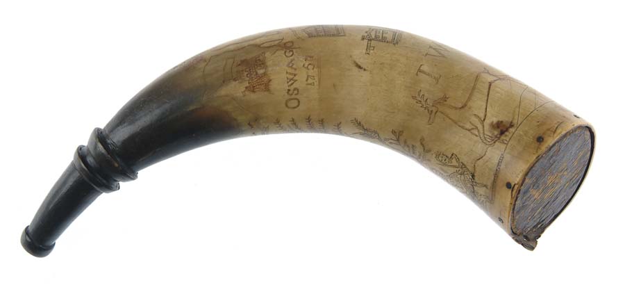 Appraisal: FINE TH CENTURY FORT OSWAGO SCRIMSHAW POWDER HORN - long