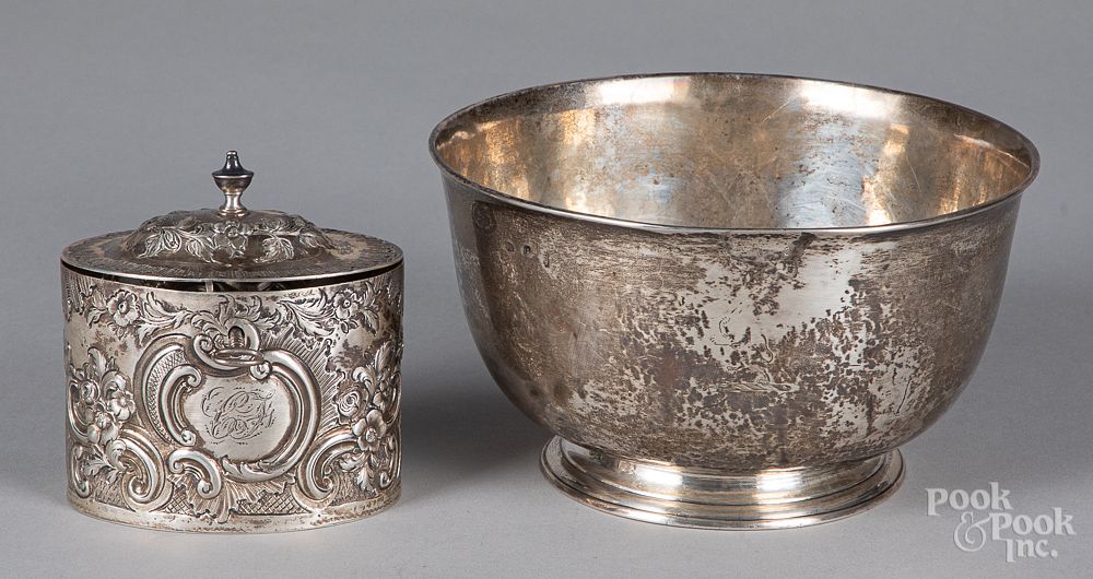 Appraisal: Irish silver bowl and repousse tea caddy Irish silver bowl