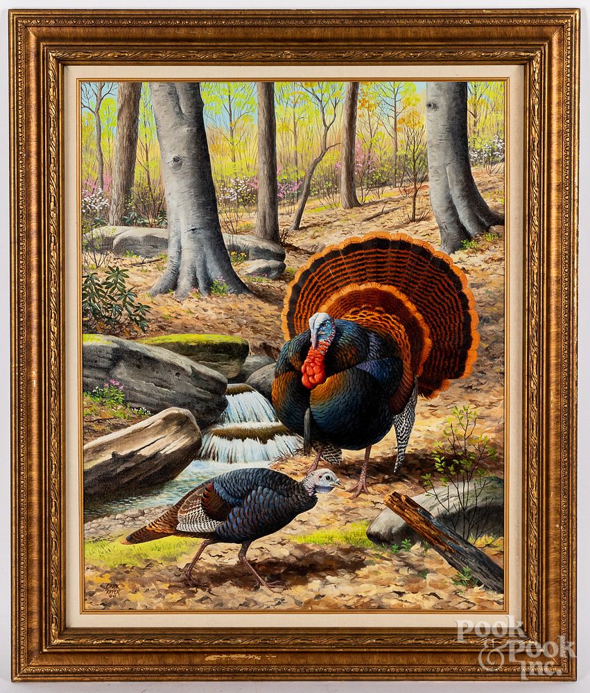 Appraisal: Chuck Ripper oil on canvas of two turkeys Chuck Ripper