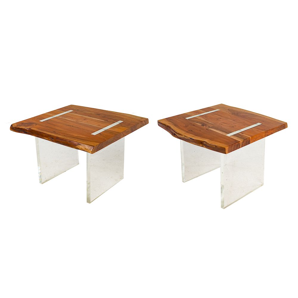 Appraisal: Pair Contemporary walnut Lucite side tables th century in square