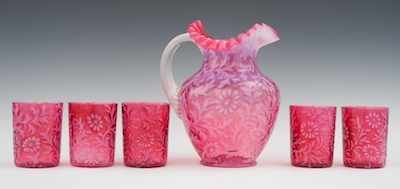 Appraisal: A Spanish Lace Lemonade Pitcher and Tumblers Including a ruffled