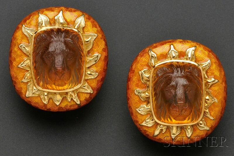 Appraisal: kt Gold Citrine Cameo and Enamel Earclips Elizabeth Gage each