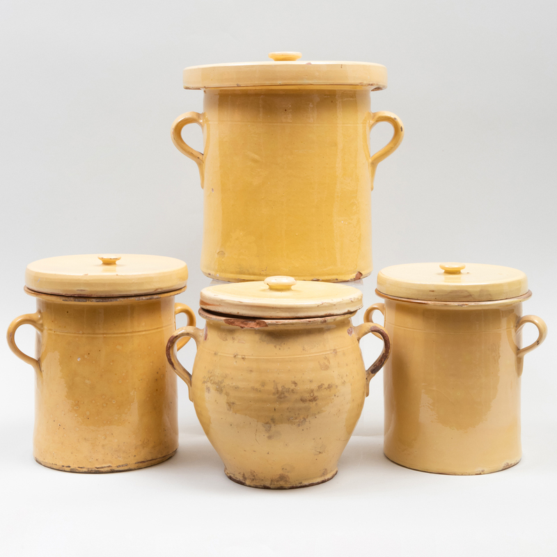 Appraisal: GROUP OF FOUR GLAZED EARTHENWARE CANNISTERS AND FOUR COVERS PROBABLY