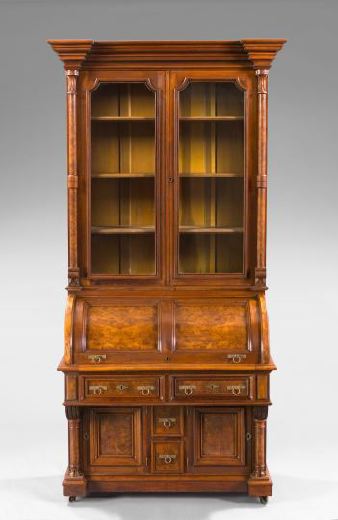 Appraisal: American Renaissance Revival Burled Walnut and Walnut Cylinder Secretary late