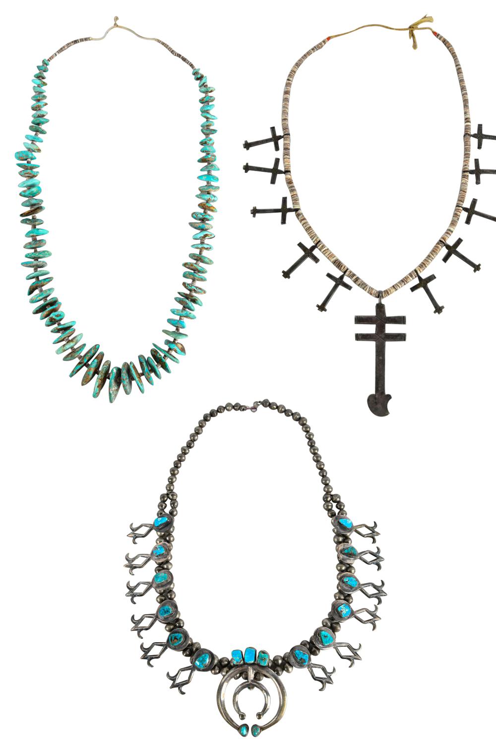 Appraisal: THREE SOUTHWEST NAVAJO STYLE NECKLACEScomprising one turquoise silver one silver