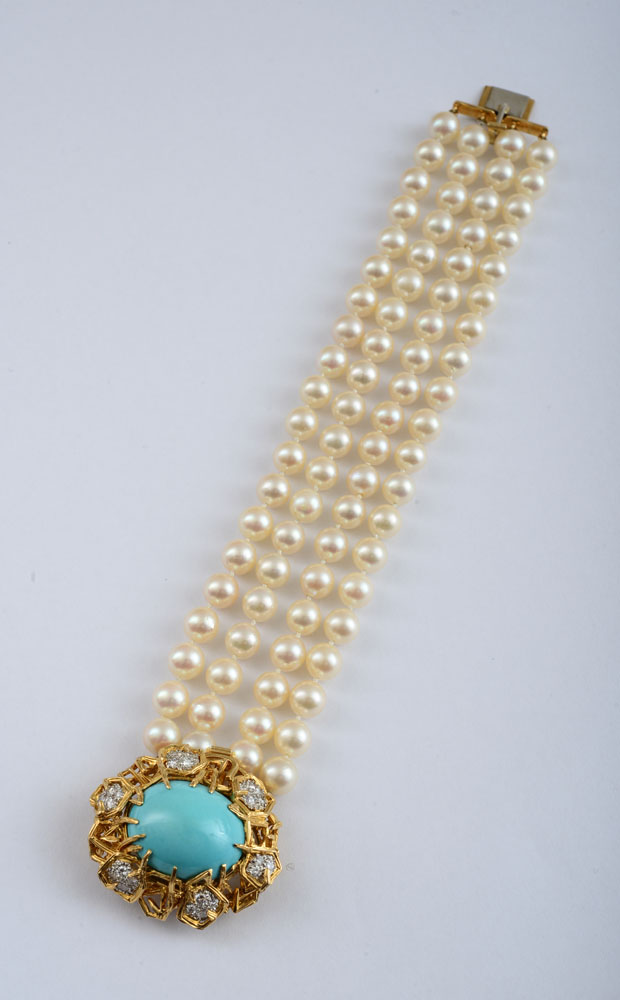 Appraisal: K GOLD TURQUOISE DIAMOND AND CULTURED PEARL BRACELET TIFFANY CO