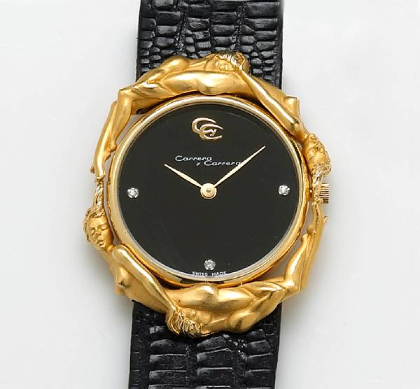 Appraisal: An eighteen karat gold strap wristwatch Carrera y Carrera with