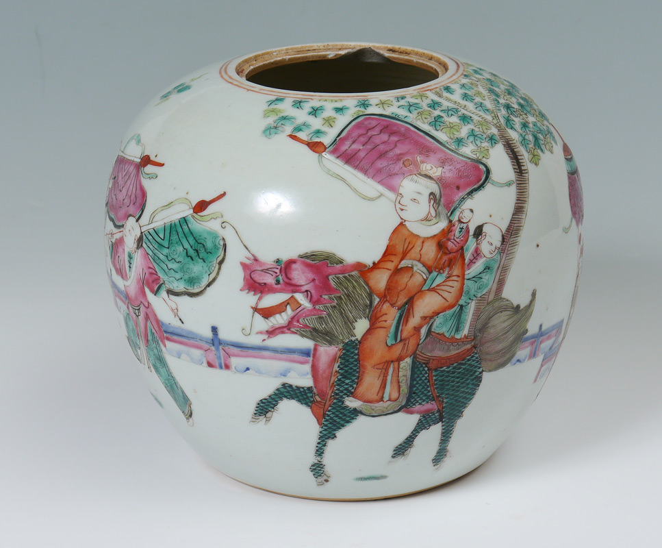 Appraisal: CHINESE GINGER JAR Decorated with polychrome outdoor procession genre scene