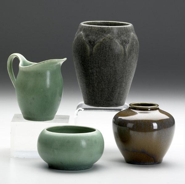 Appraisal: ROOKWOOD Four Production pieces two vases a small green sugar