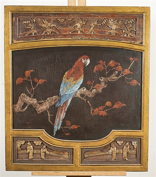 Appraisal: Chinese carved and painted wood panel with a painted scene