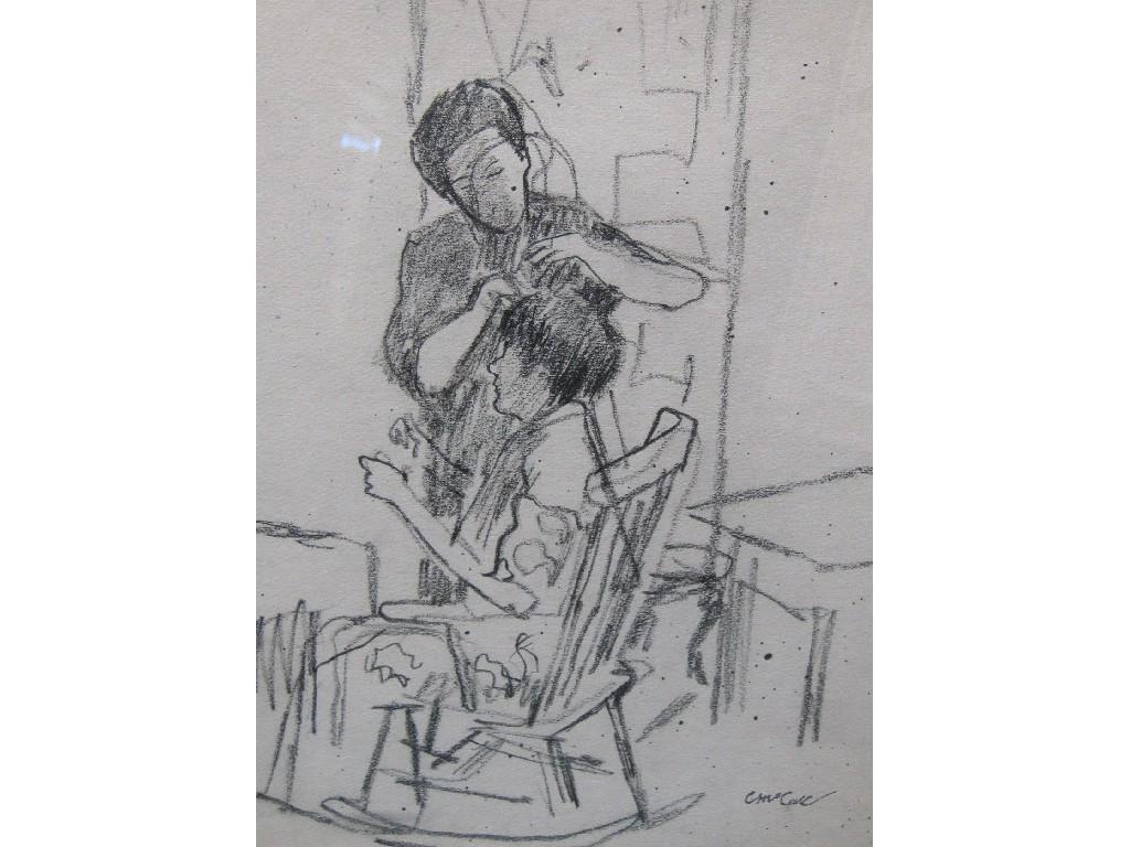 Appraisal: CHARLES McCOLL At a Hairdresser signed pencil sketch x in