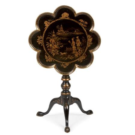 Appraisal: George III Style Chinoiserie Decorated Black Lacquered Tilt-Top Table Estimate