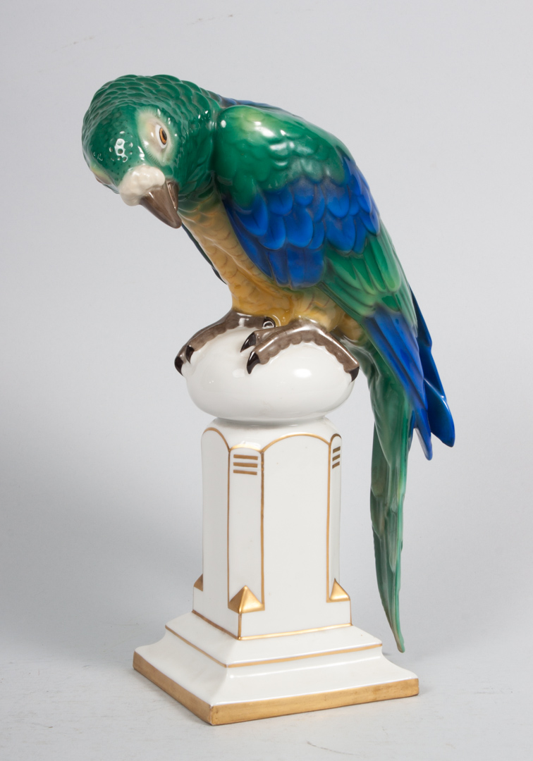 Appraisal: Behscherzer porcelain macaw large parrot perched on post in H