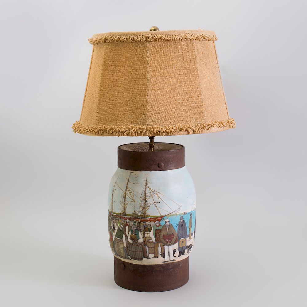 Appraisal: American Painted Nautical Lamp Painted with a quay scene nailed