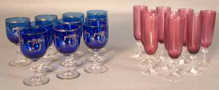 Appraisal: TEN BLUE GLASS GOBLETS gilt with ribbon-tied wreaths on clear