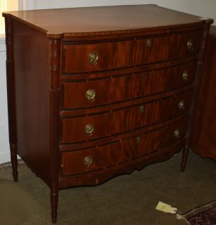 Appraisal: Fine Sheraton elliptical front inlaid and banded mahogany reeded leg