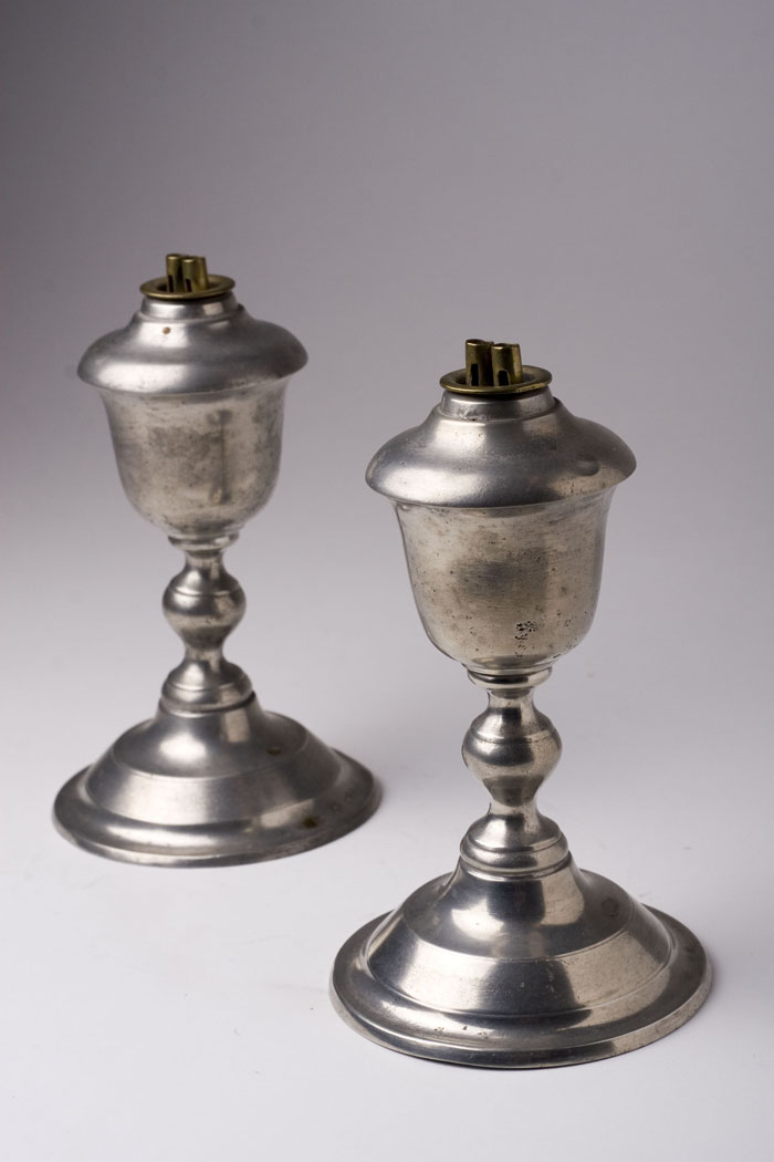 Appraisal: PAIR OF PEWTER OIL LAMPS FREEMAN PORTER - Westbrook Maine