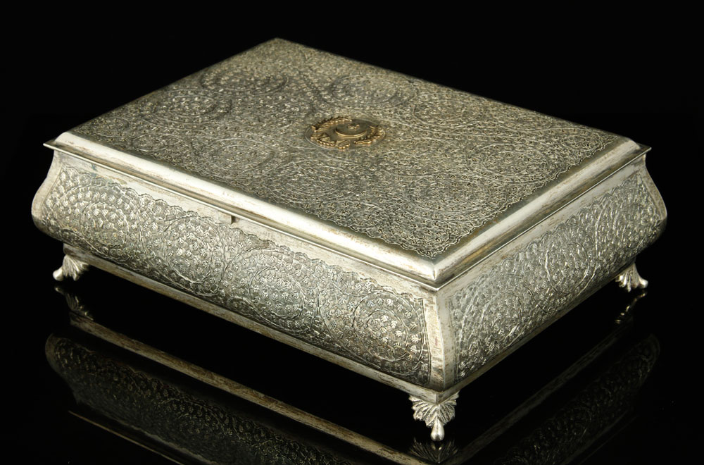 Appraisal: - Turkish Silver Engraved Box Turkish engraved box silver with