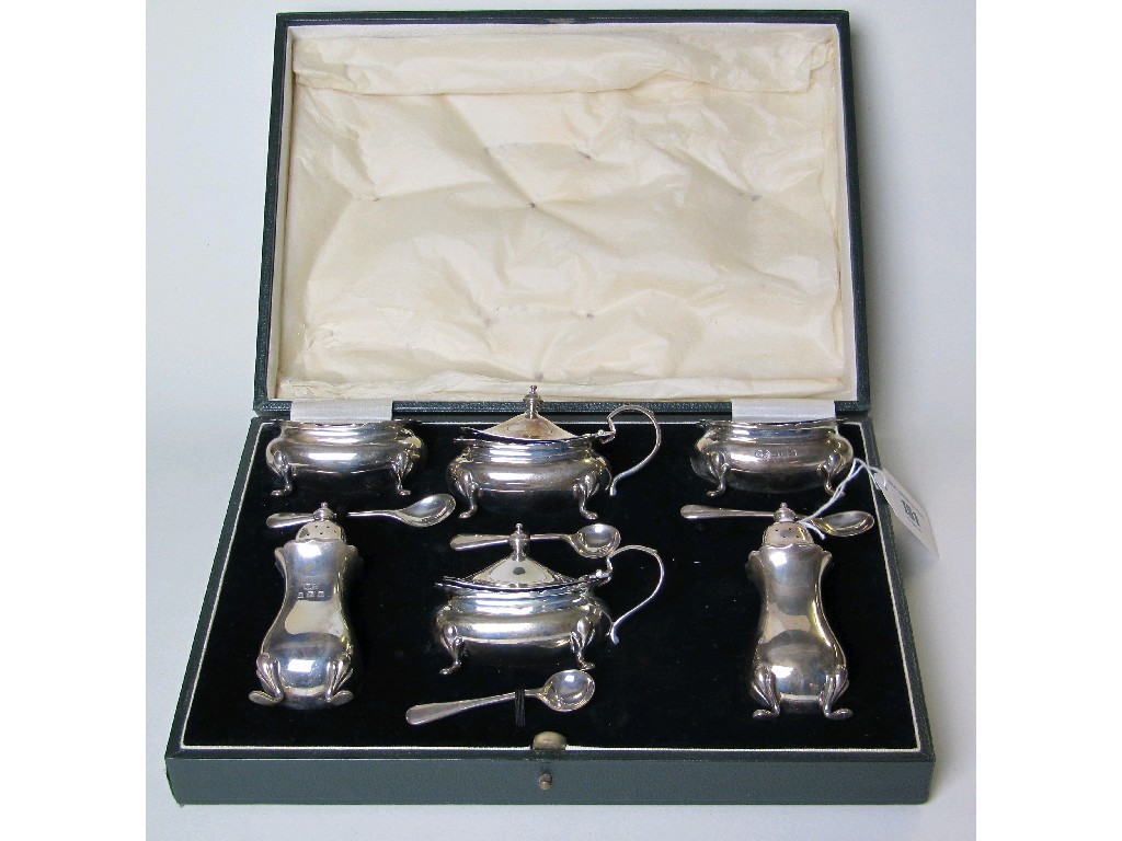 Appraisal: Cased six piece silver condiment set Birmingham